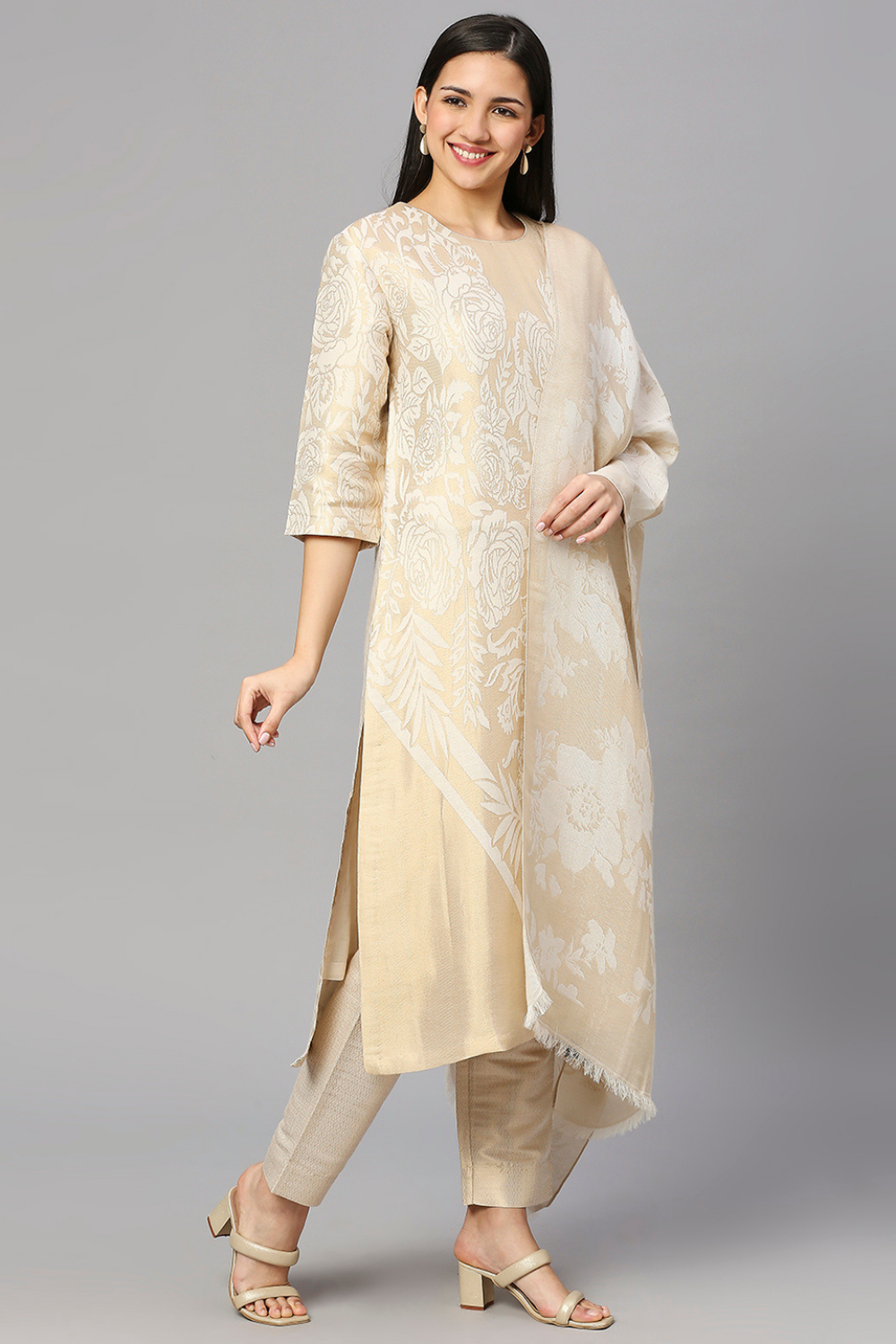 Brocade Floral Off white Kurta Set