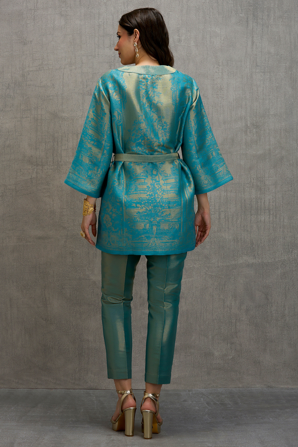 Brocade Floral Design Aqua Kimono