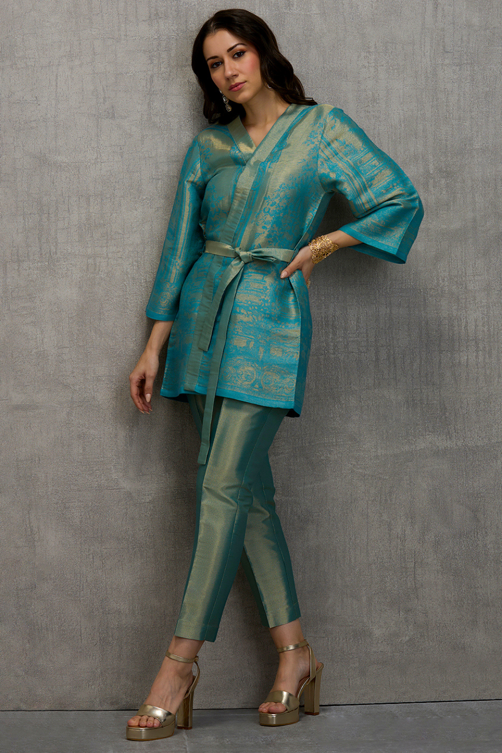 Brocade Floral Design Aqua Kimono