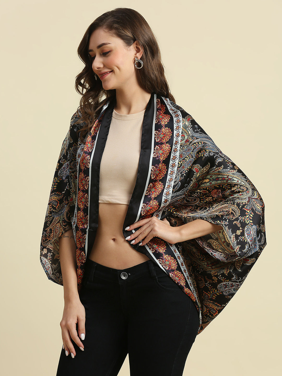 Black And Multi Paisley Printed Cape