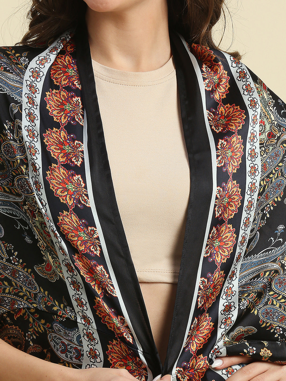 Black And Multi Paisley Printed Cape