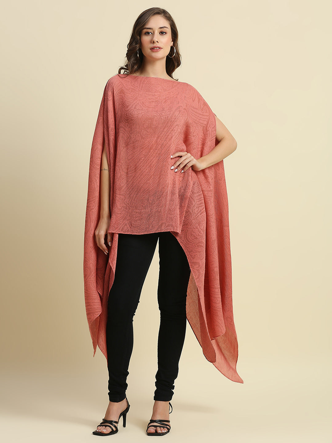 Brocade Paisley Design Peach Pleated Poncho