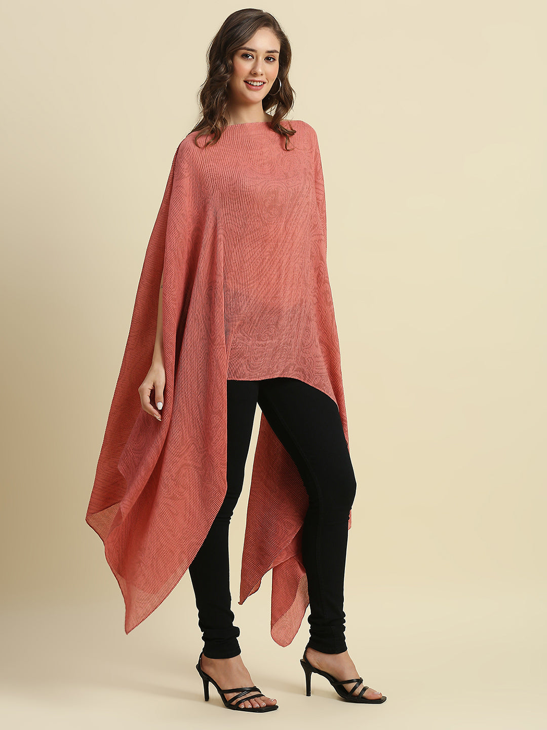 Peach & Gold Paisley Designed Off Shoulder Brocade Pleated Poncho