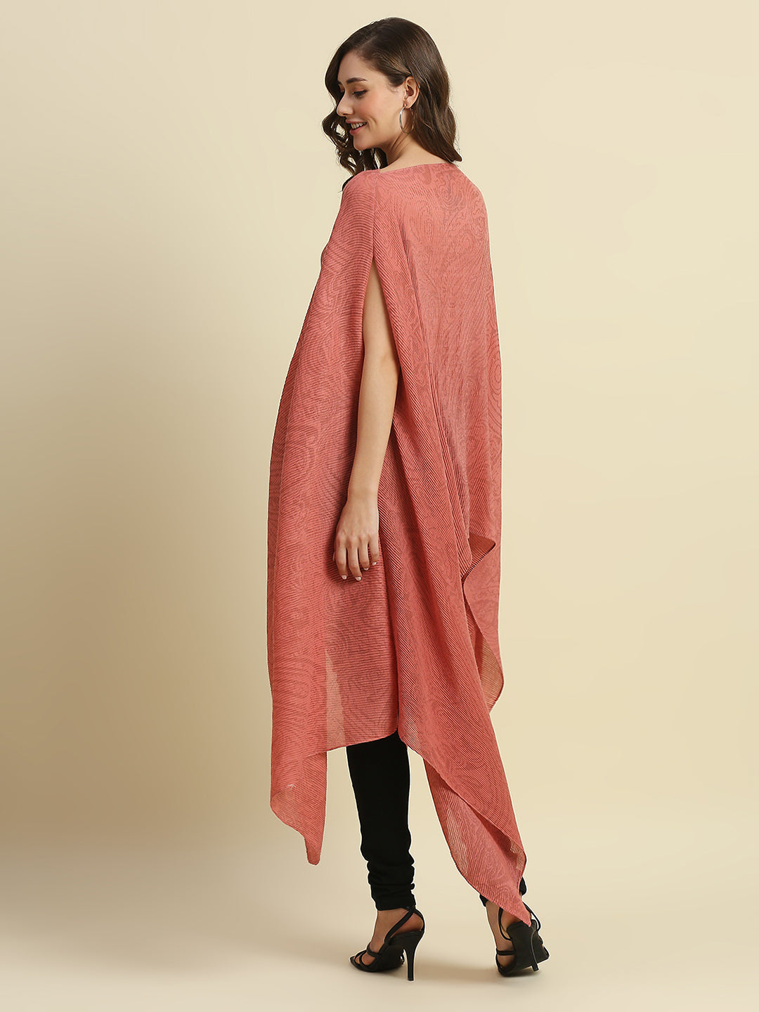 Peach & Gold Paisley Designed Off Shoulder Brocade Pleated Poncho