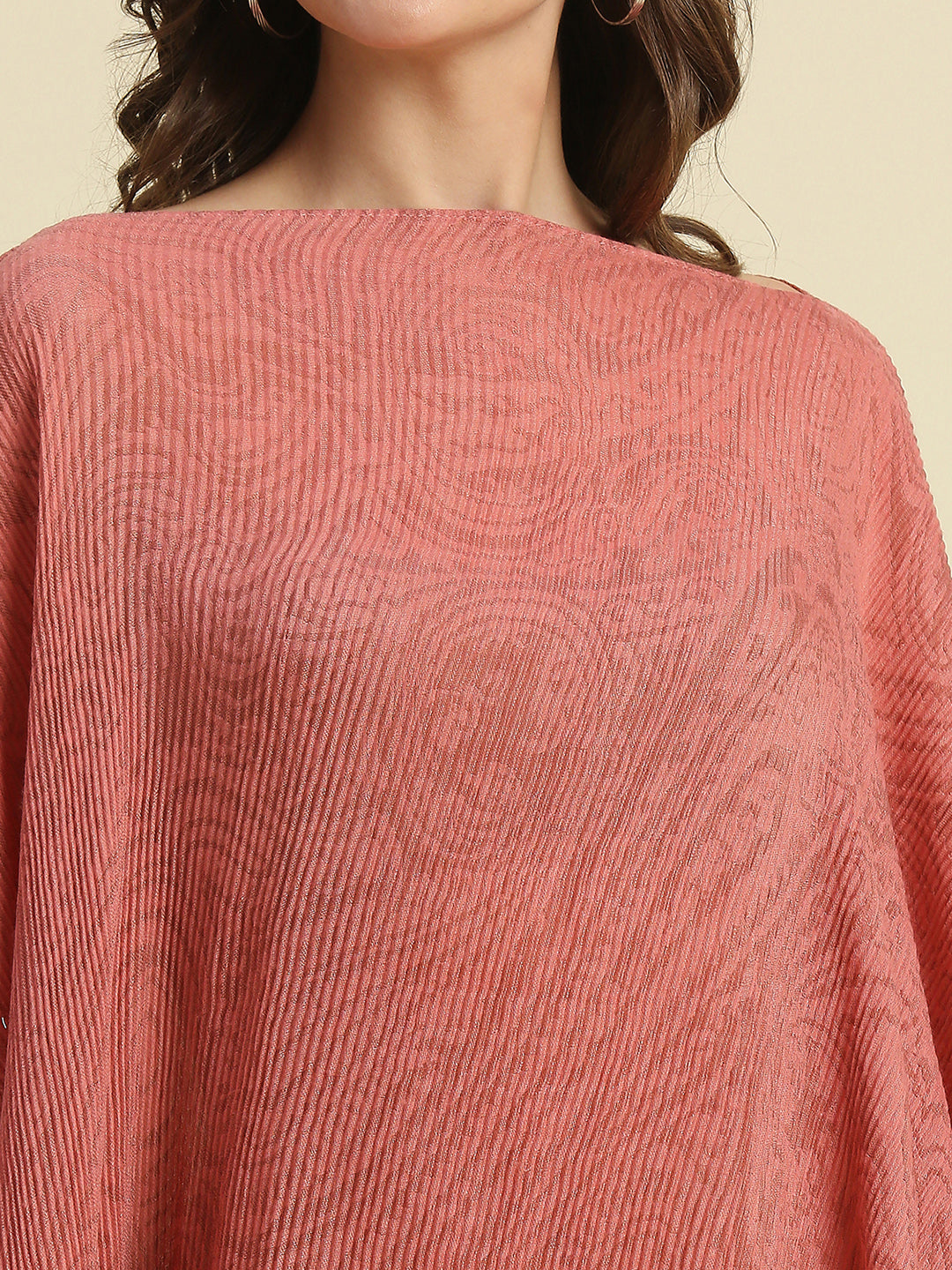 Peach & Gold Paisley Designed Off Shoulder Brocade Pleated Poncho