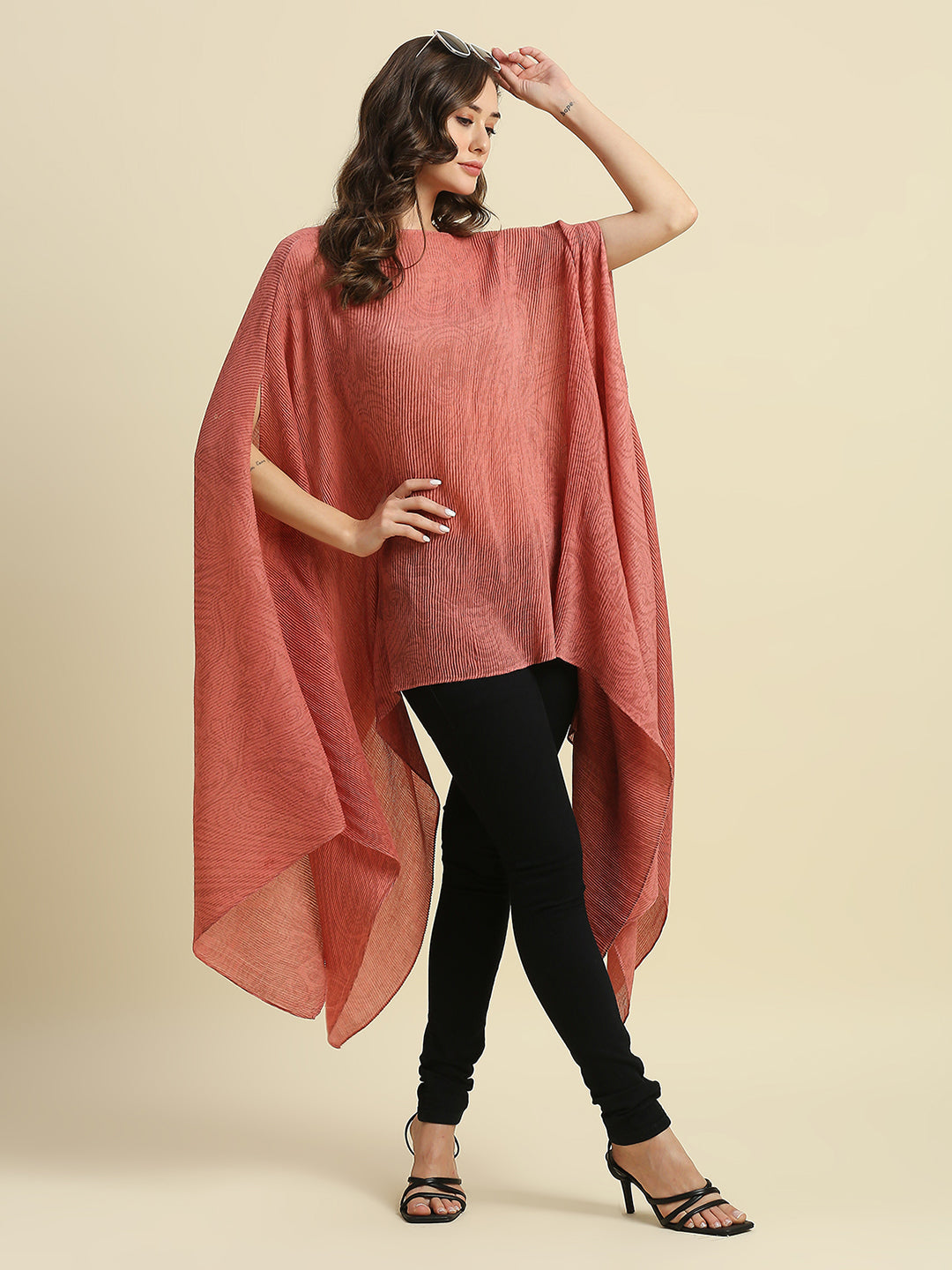 Brocade Paisley Design Peach Pleated Poncho