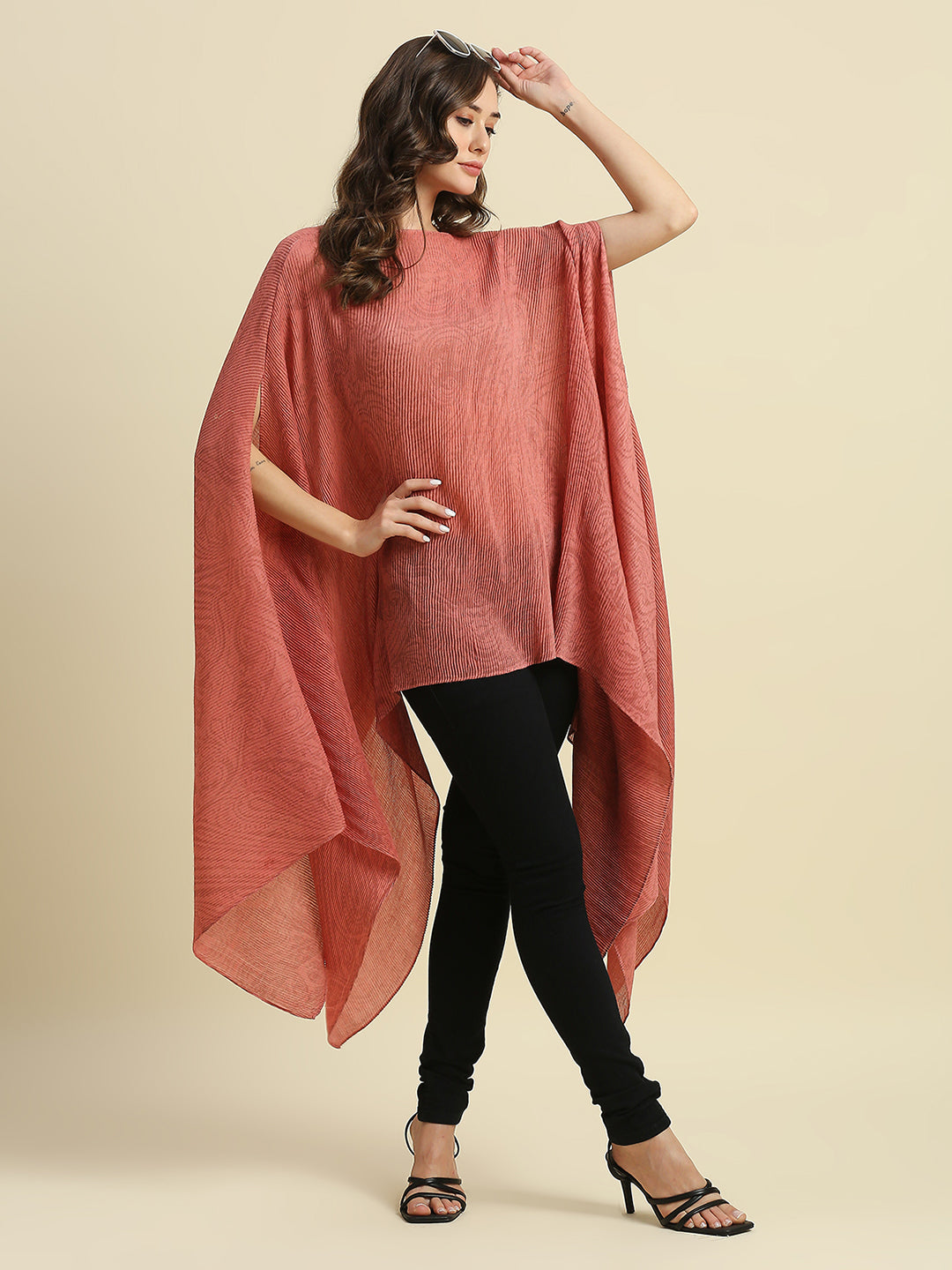 Peach & Gold Paisley Designed Off Shoulder Brocade Pleated Poncho