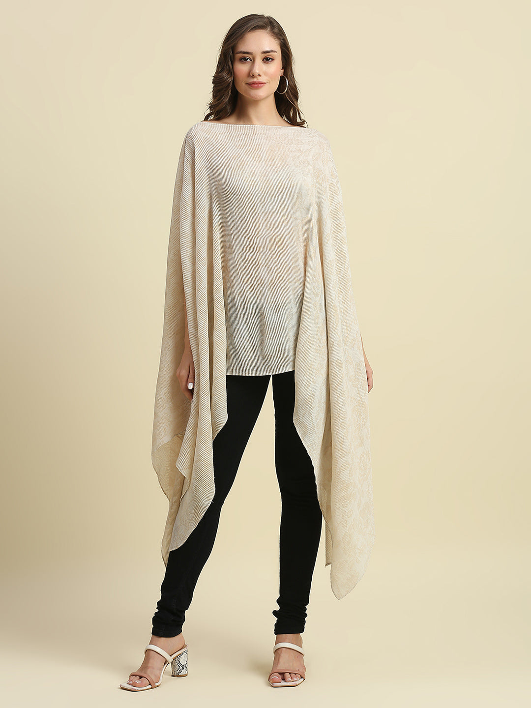 Ivory & Gold Floral Designed Off Shoulder Brocade Pleated Poncho