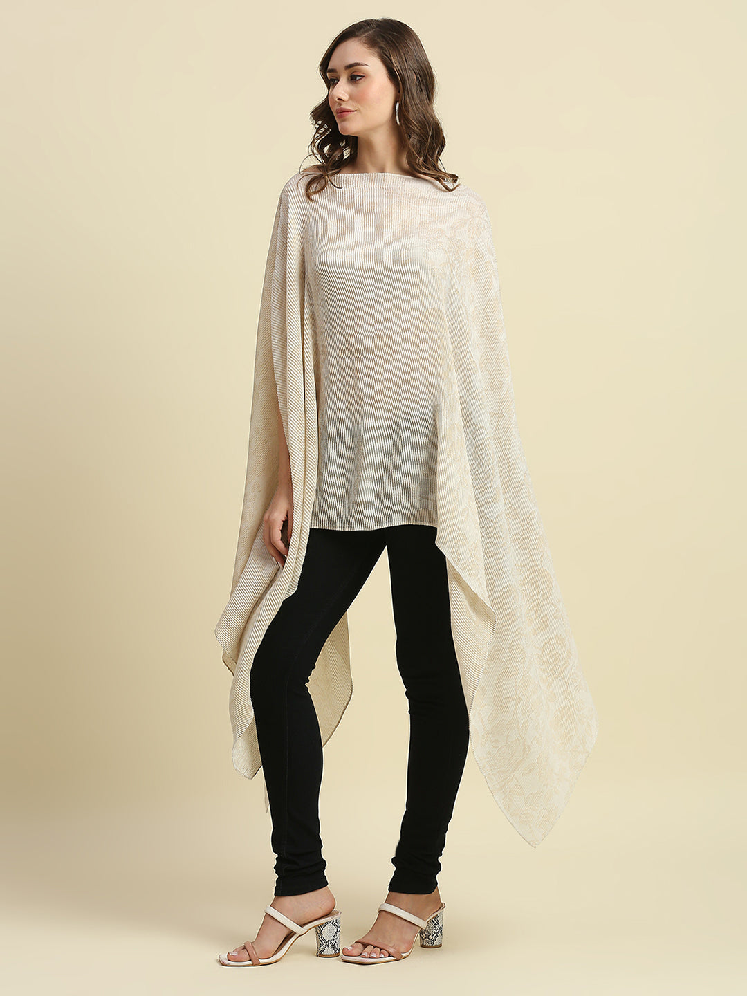 Ivory & Gold Floral Designed Off Shoulder Brocade Pleated Poncho