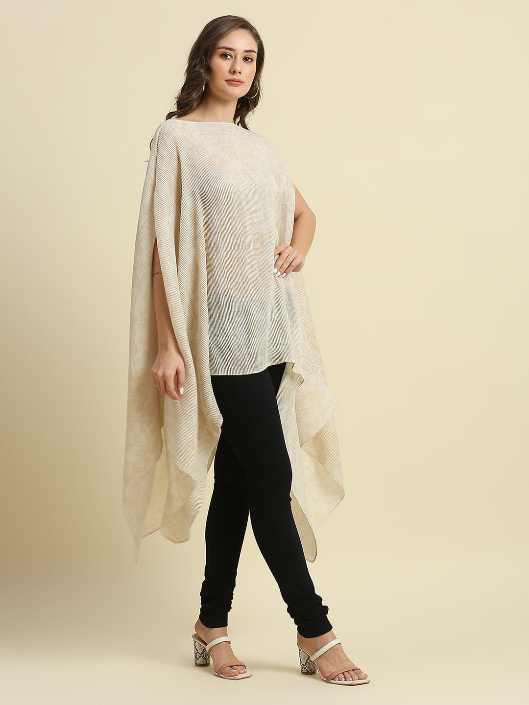 Ivory & Gold Floral Designed Off Shoulder Brocade Pleated Poncho