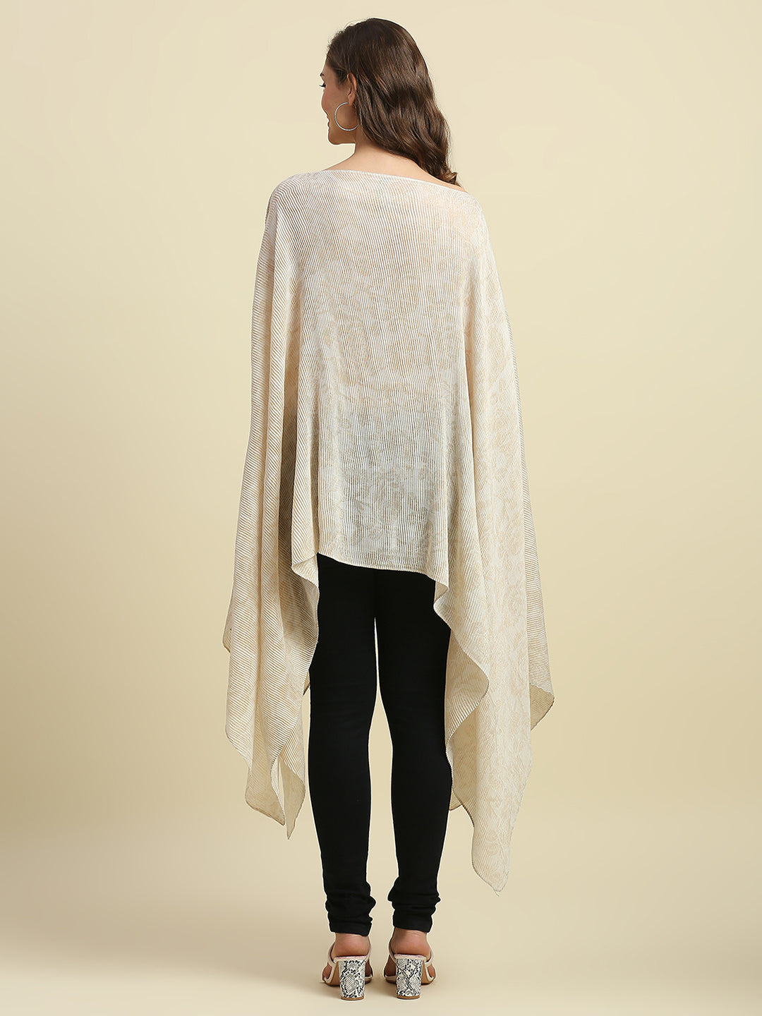 Ivory & Gold Floral Designed Off Shoulder Brocade Pleated Poncho