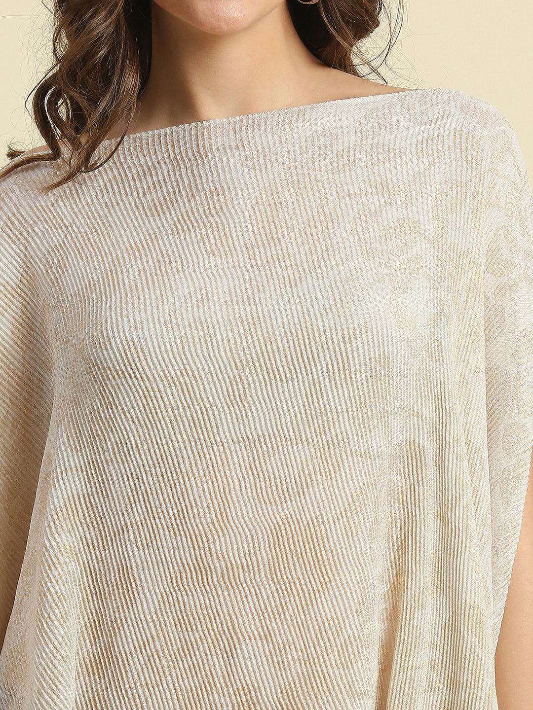 Ivory & Gold Floral Designed Off Shoulder Brocade Pleated Poncho