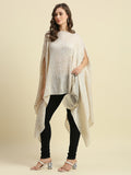 Ivory & Gold Floral Designed Off Shoulder Brocade Pleated Poncho