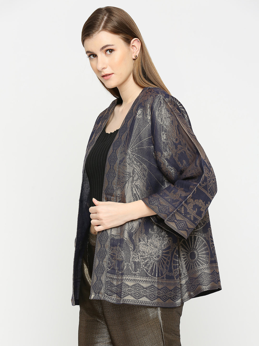 Navy Brocade Horse Pattern Jacket