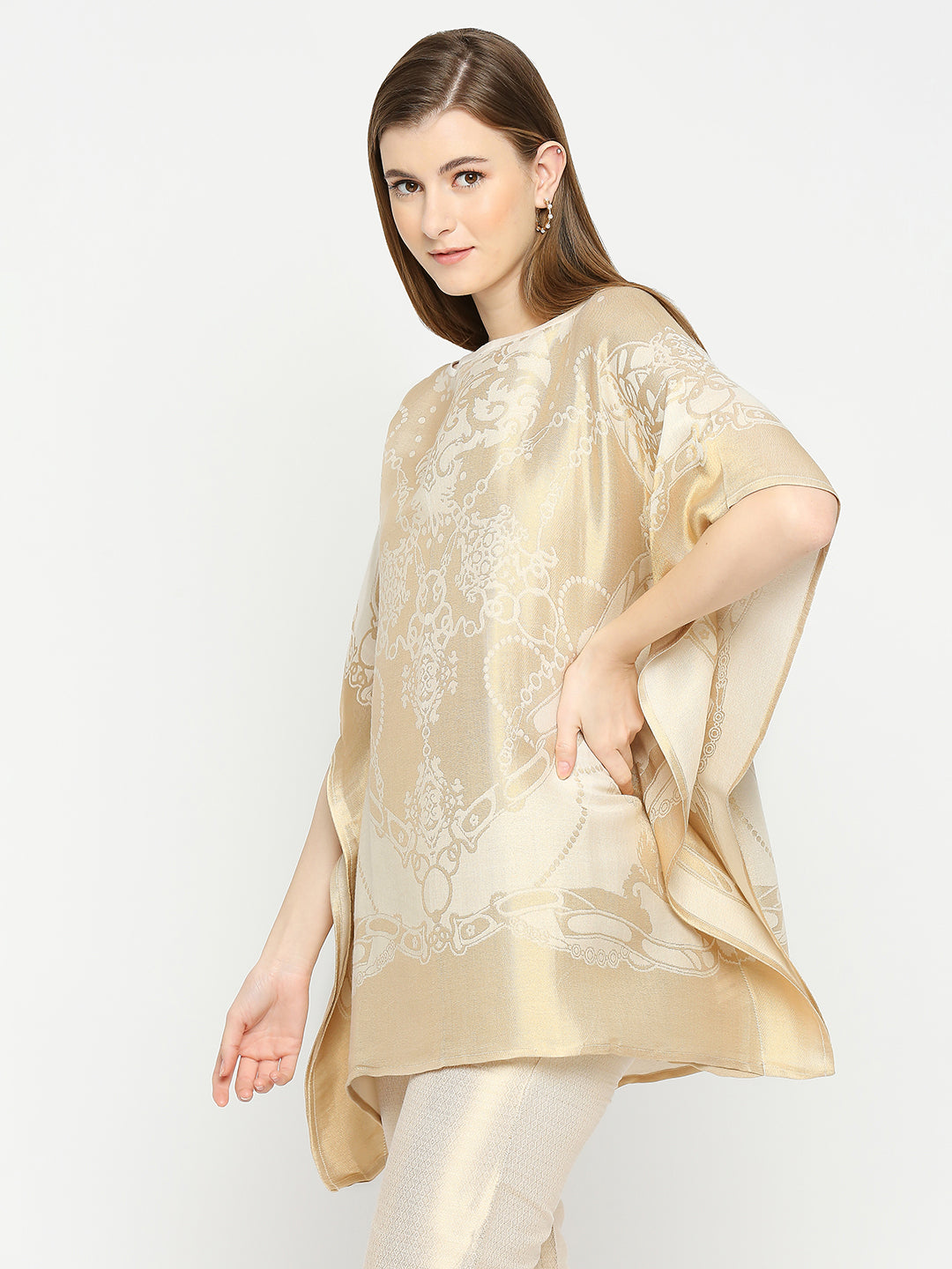 French Rope & Chains Patterned Offwhite Brocade short Kaftan