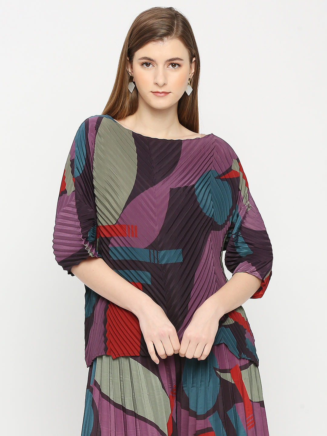 Purple Geometric Printed Pleated Co-ord Set