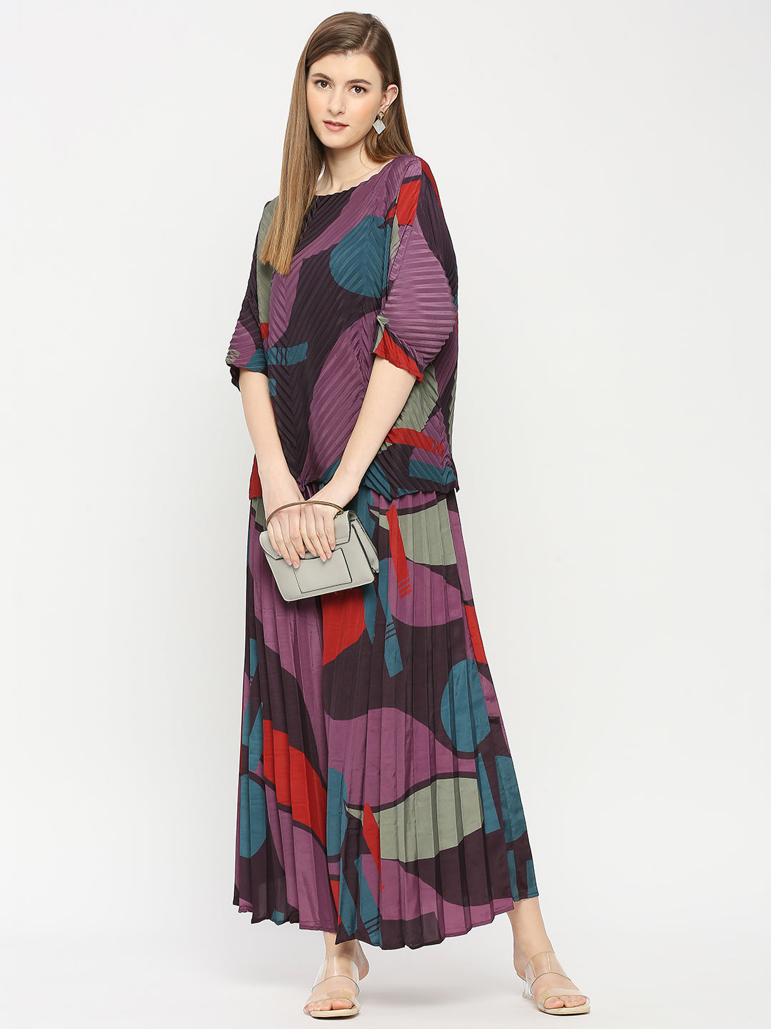 Purple Geometric Printed Pleated Co-ord Set