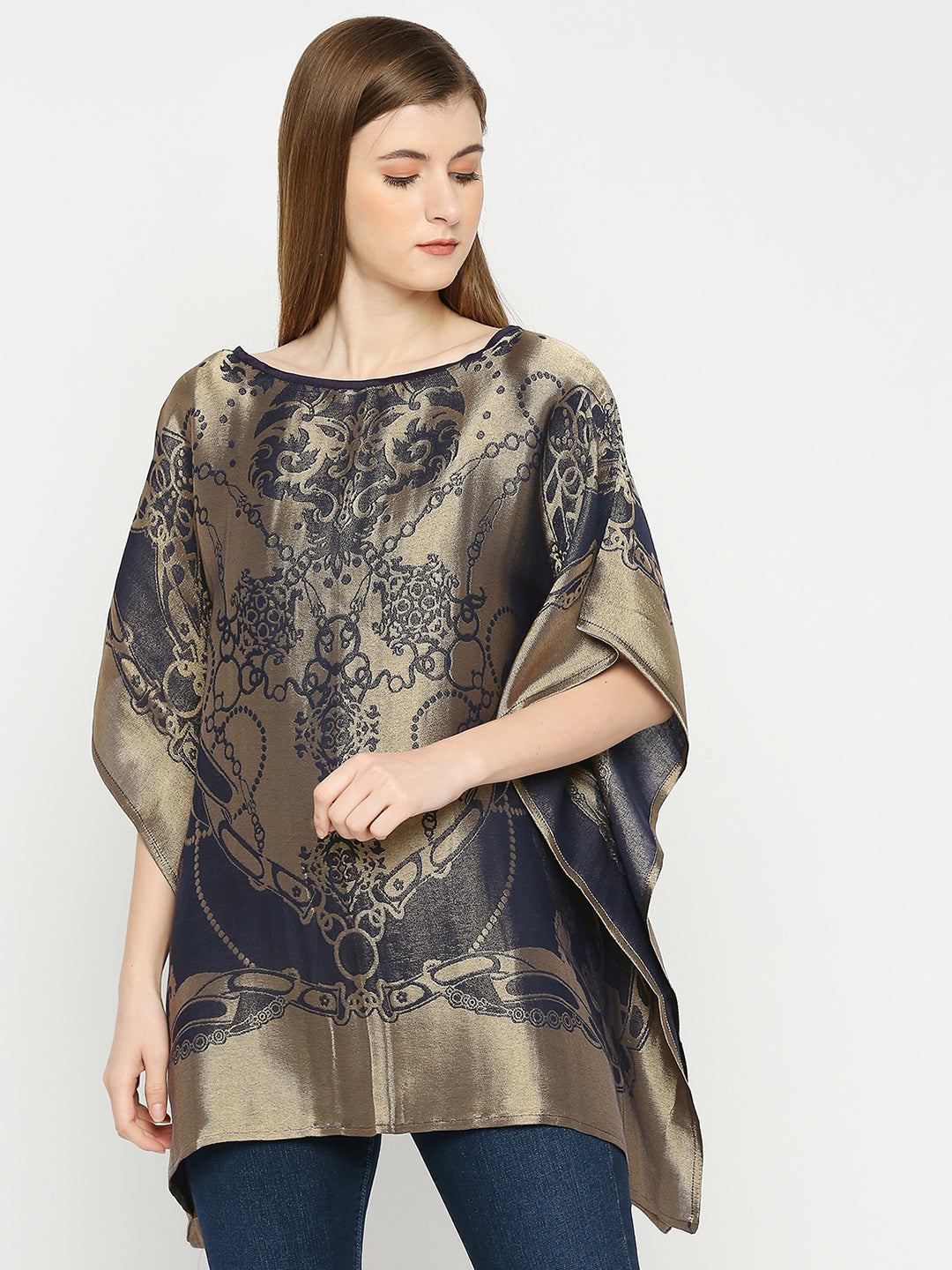 French Rope & Chains Patterned Navy Blue Brocade short Kaftan
