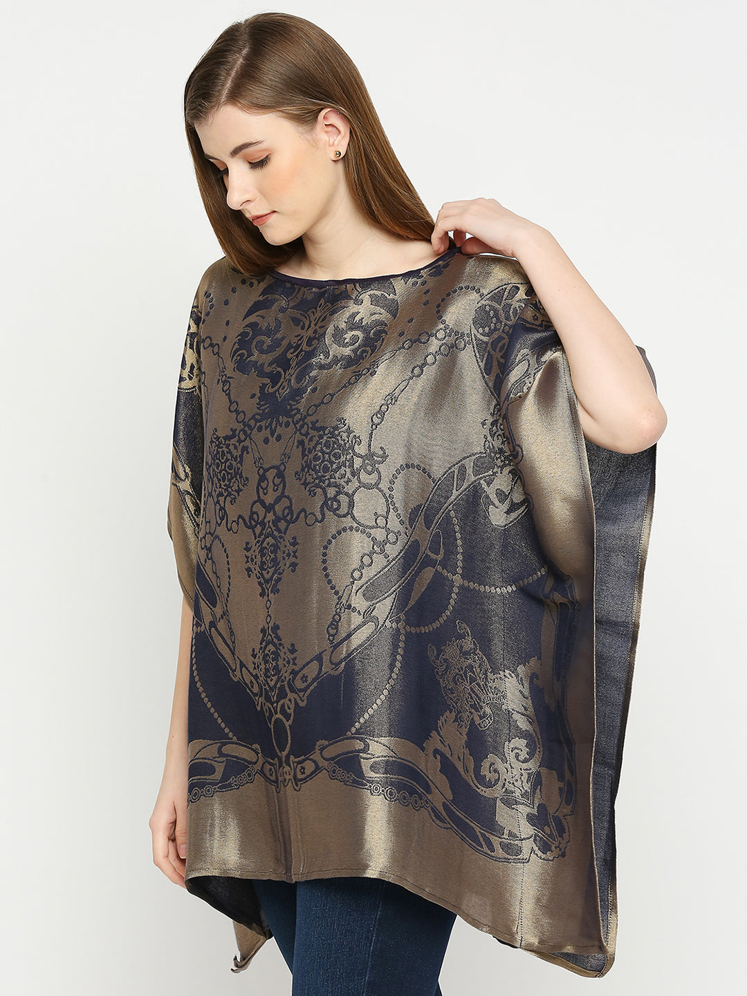 French Rope & Chains Patterned Navy Blue Brocade short Kaftan
