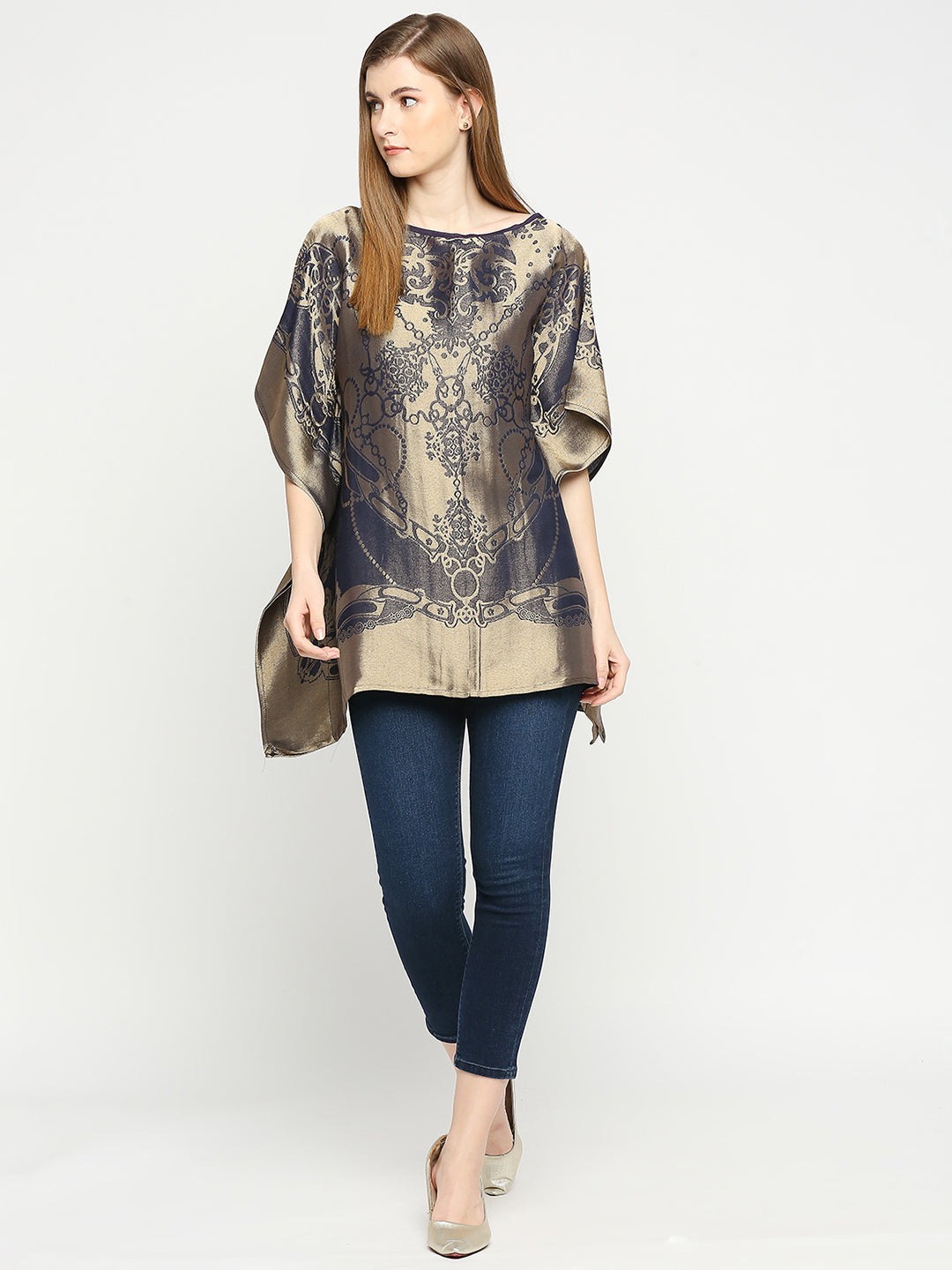 French Rope & Chains Patterned Navy Blue Brocade short Kaftan