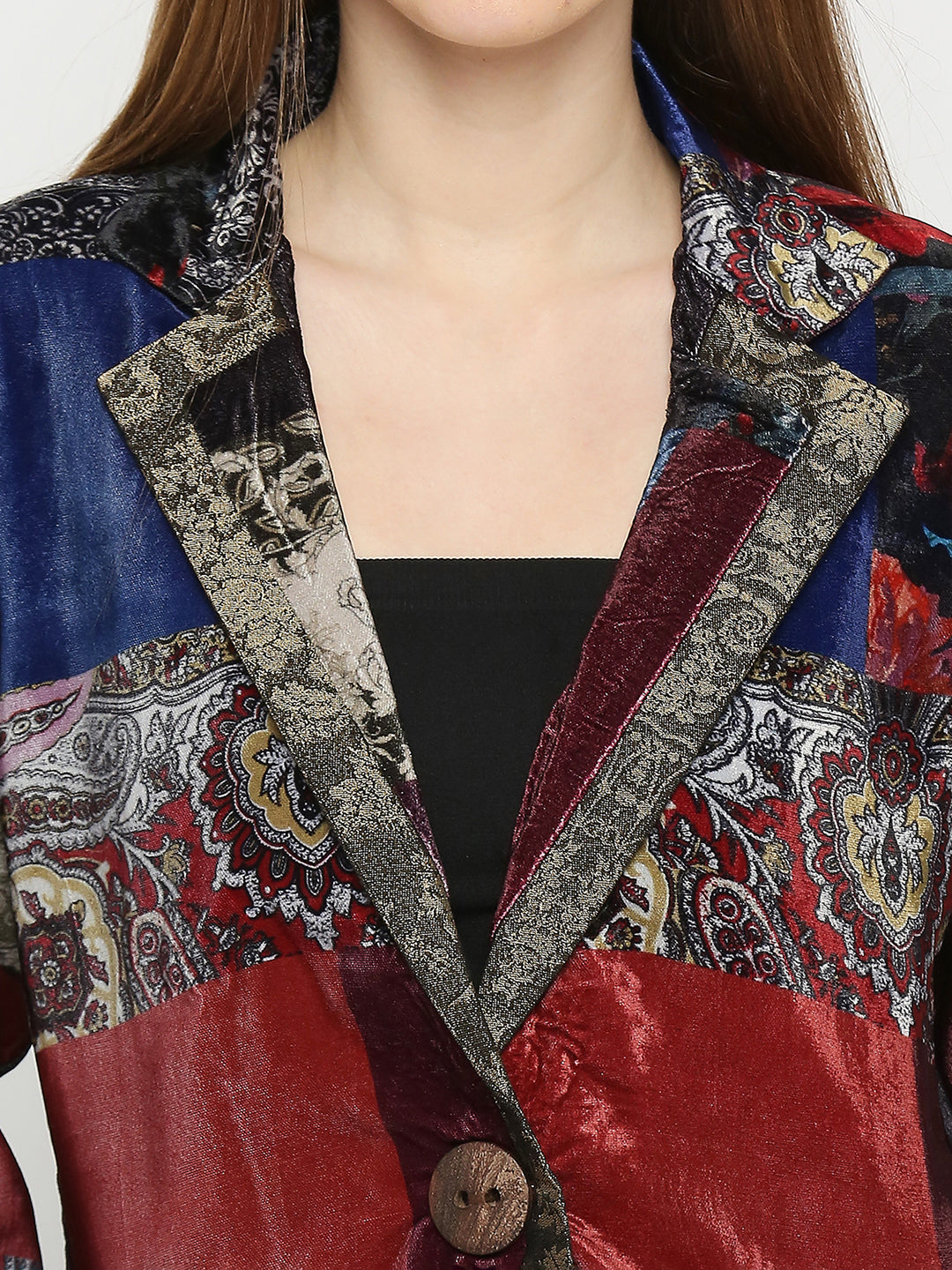 Patchwork Printed Velvet Long Jacket