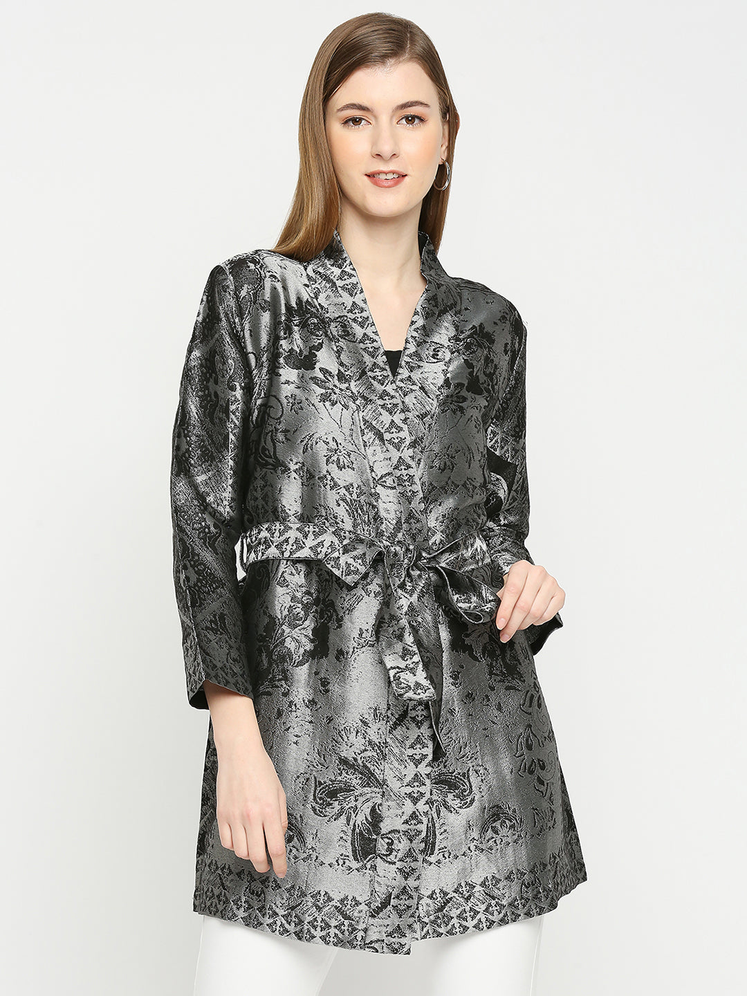 Black & Silver Flower Designed Brocade Kimono