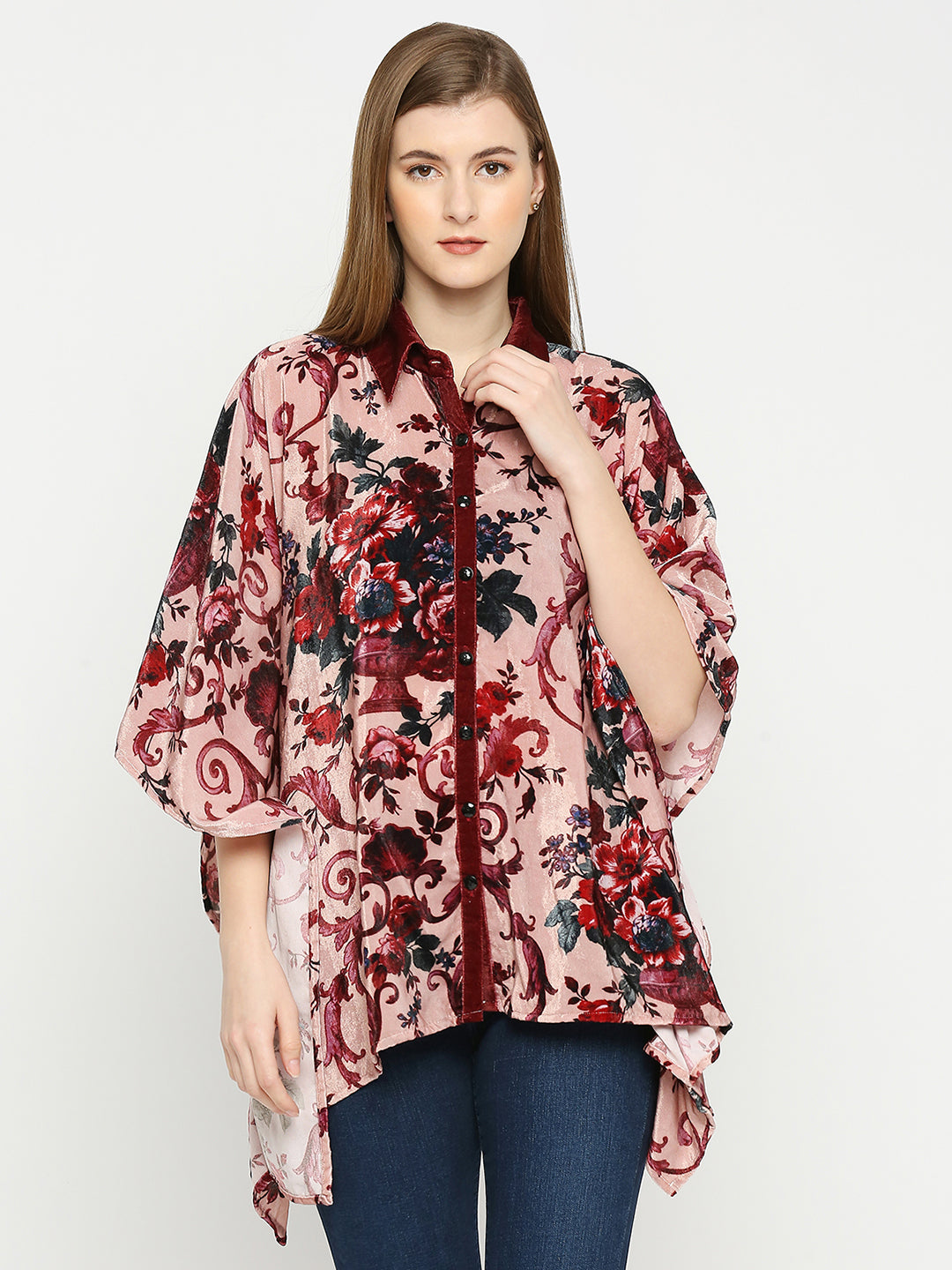 Pink & Maroon Flower Printed Kaftan Shirt