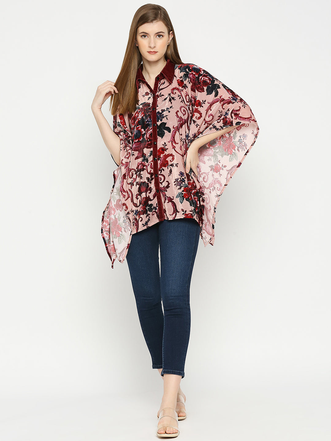 Pink & Maroon Flower Printed Kaftan Shirt