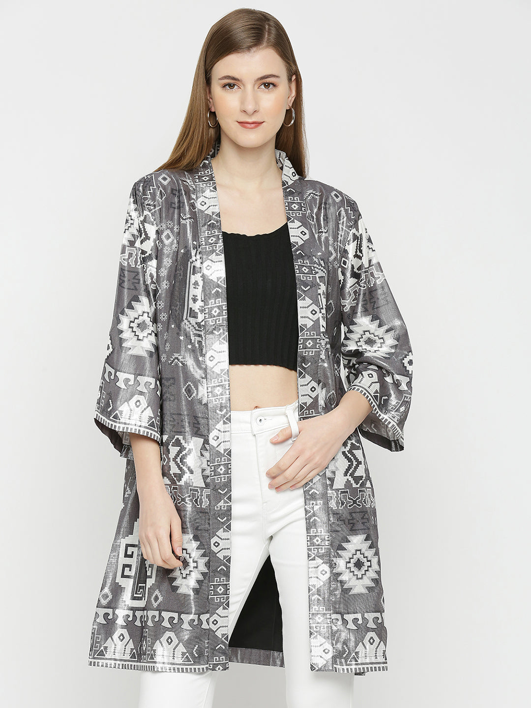 Ikkat Printed Silver Metallic Short Kimono