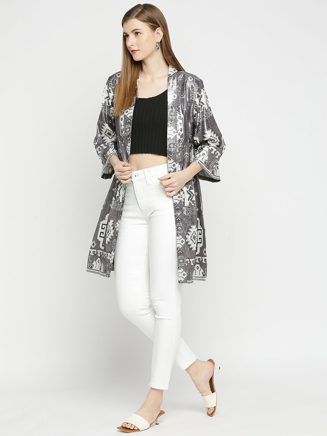 Ikkat Printed Silver Metallic Short Kimono