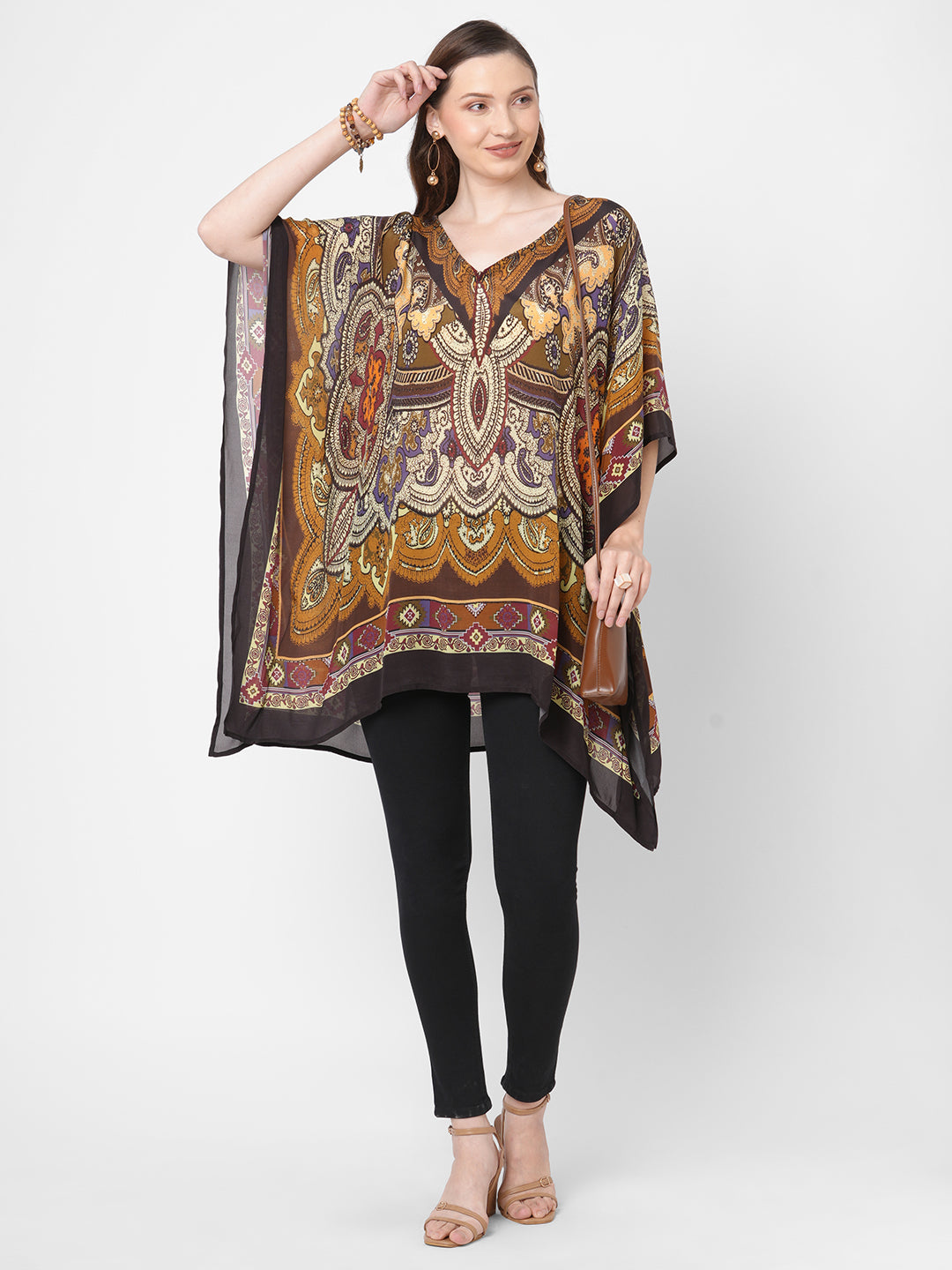 Brown Paisley Printed Short Kaftan
