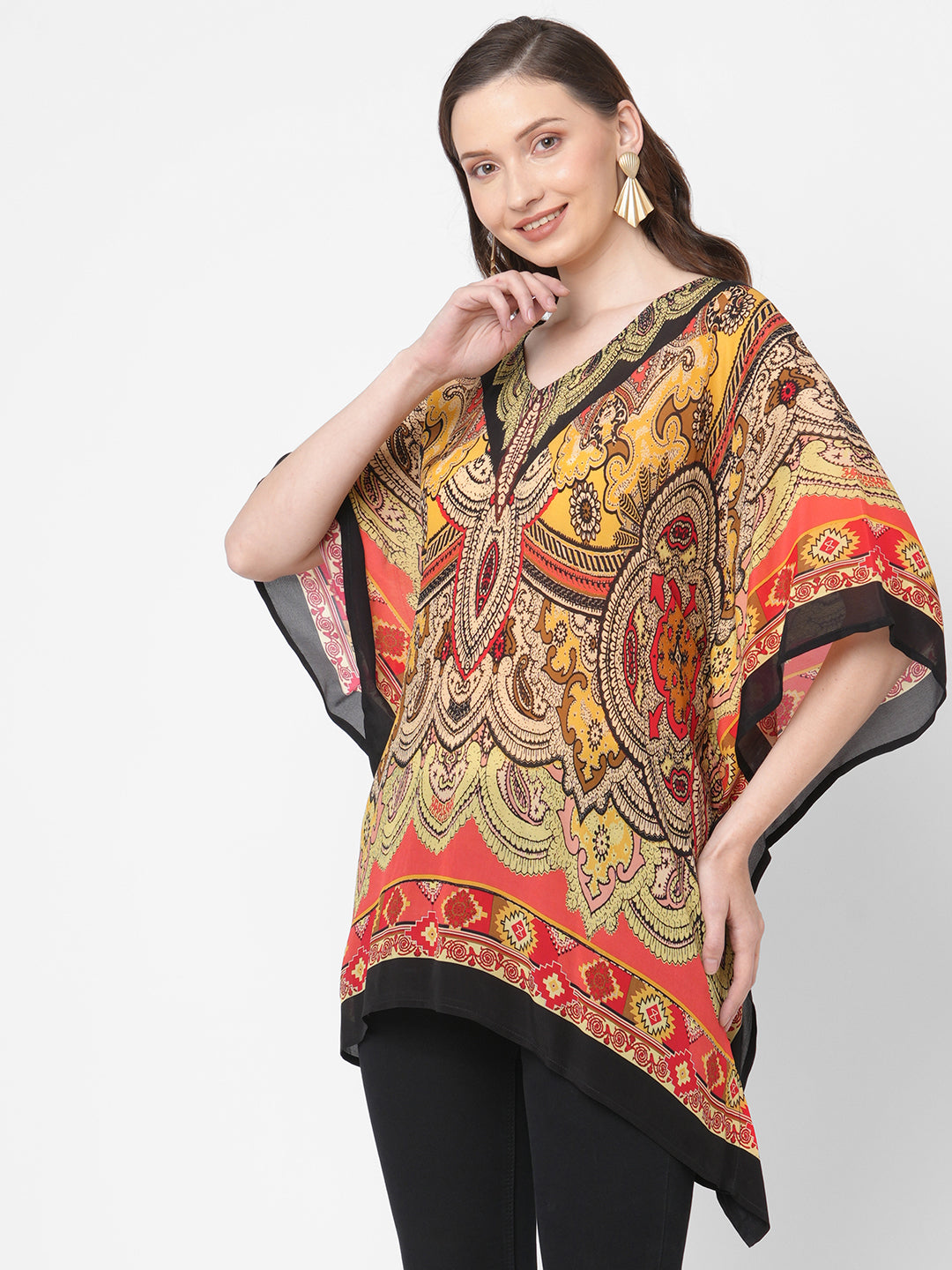 Orange Paisley Printed Short Kaftan