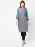 Grey & Blue Color Block Printed Kurta
