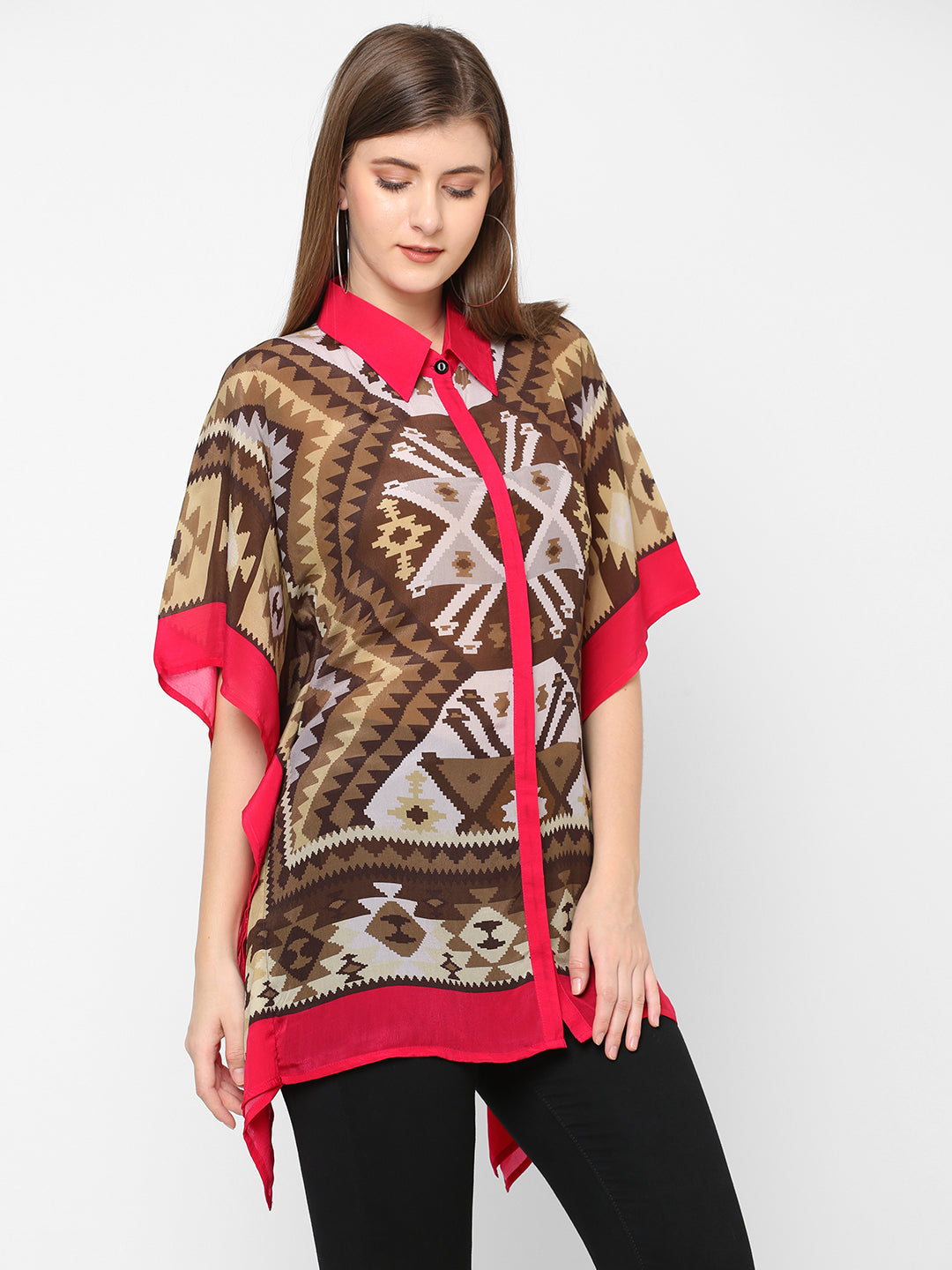 Brown & Red Kilim Printed Shirt Style Kaftan Tunic