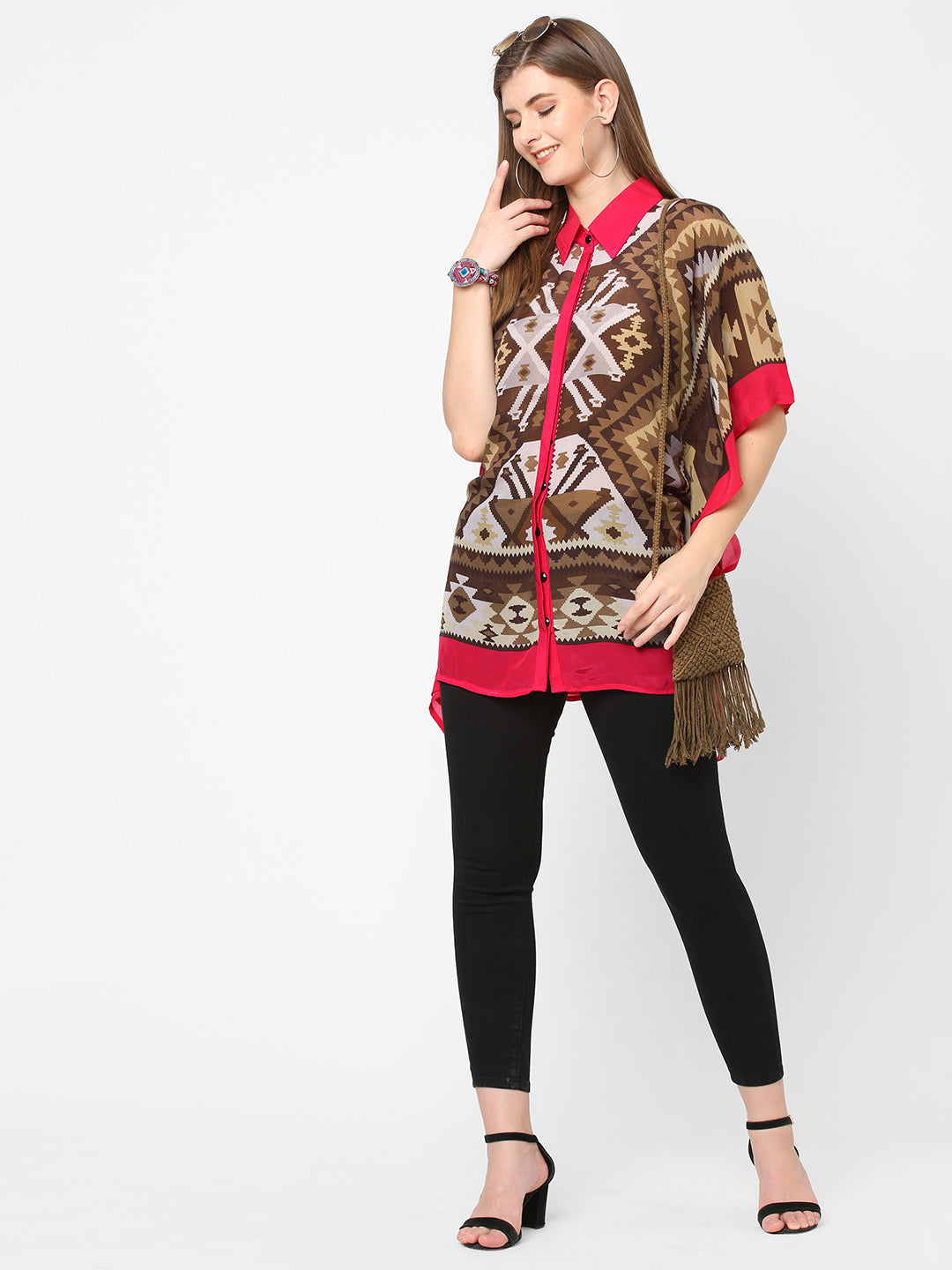 Brown & Red Kilim Printed Shirt Style Kaftan Tunic