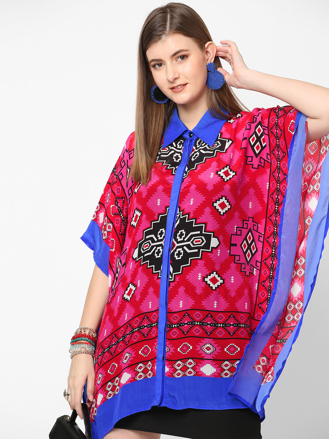Pink & Blue Kilim Printed Shirt Style Kaftan Tunic