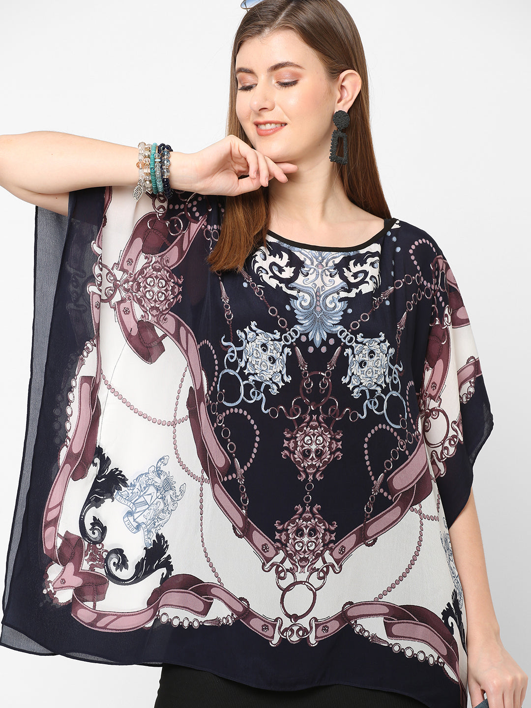 Chains & Belts Printed Blue White Poncho Top