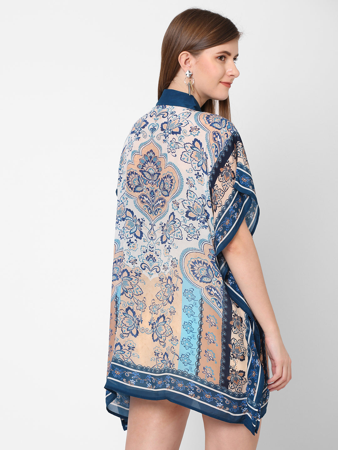 Blue Floral Printed Shirt Style Kaftan Tunic