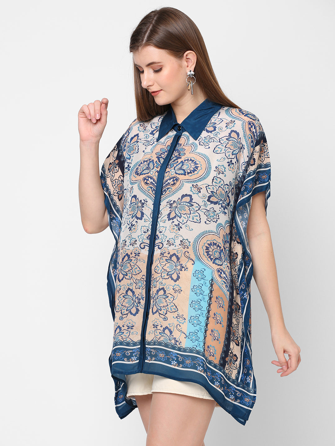 Blue Floral Printed Shirt Style Kaftan Tunic