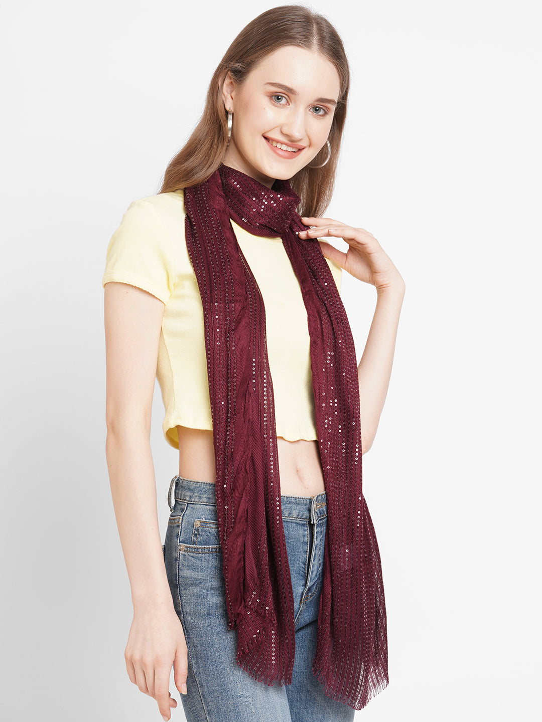 Red Solid Sequins Printed Scarf