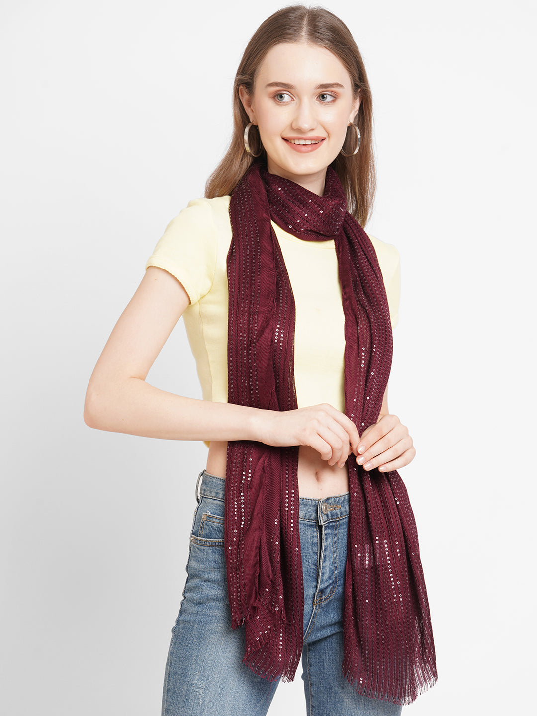 Red Solid Sequins Printed Scarf