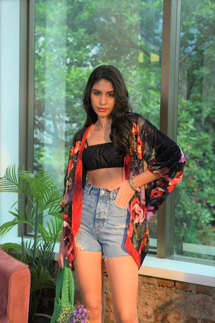 Velvet Floral Printed Cocoon Jacket