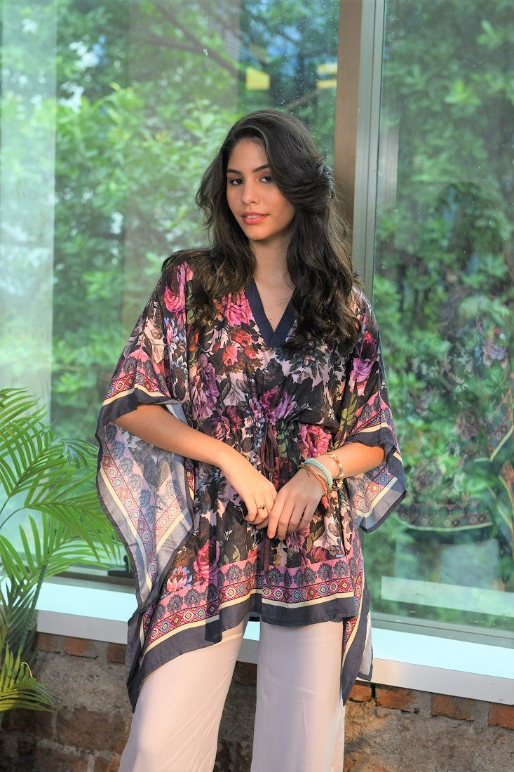 Floral Printed Front Tie Kaftan Top