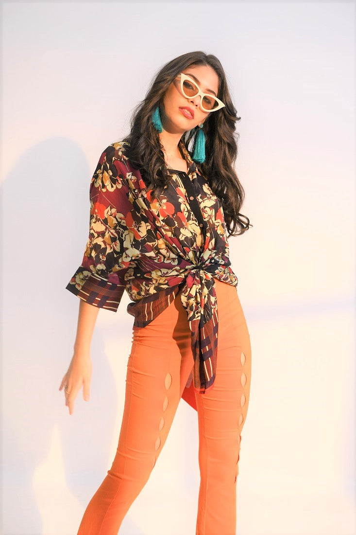 Red Floral Printed Collared  Kaftan Shirt