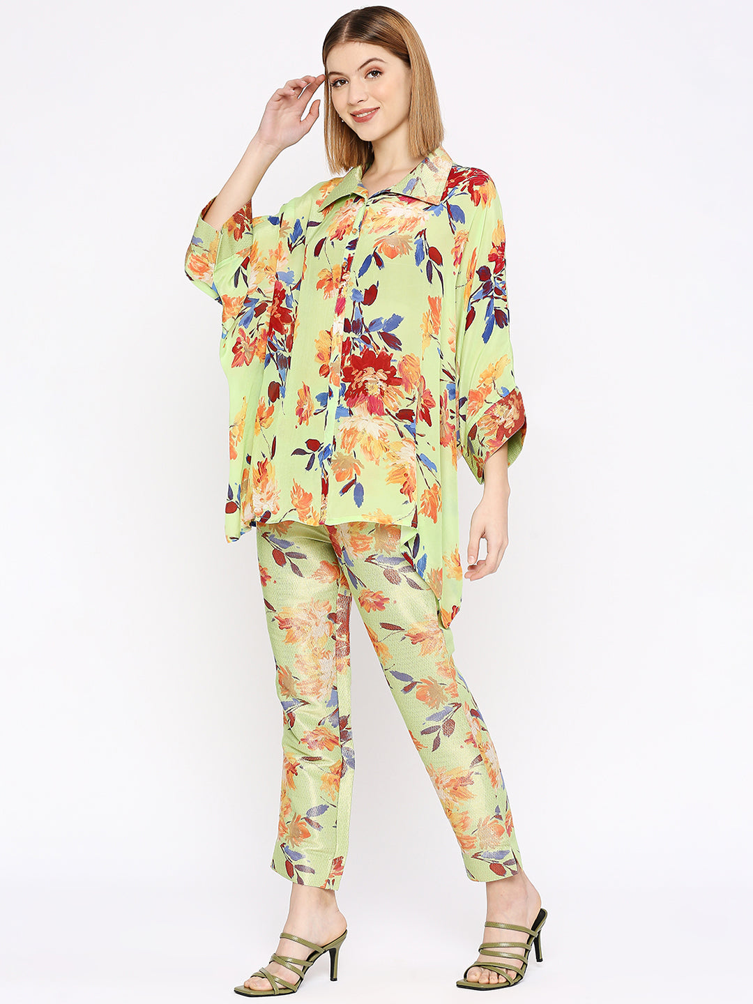 Green Floral Co-Ord Set with Brocade Pant