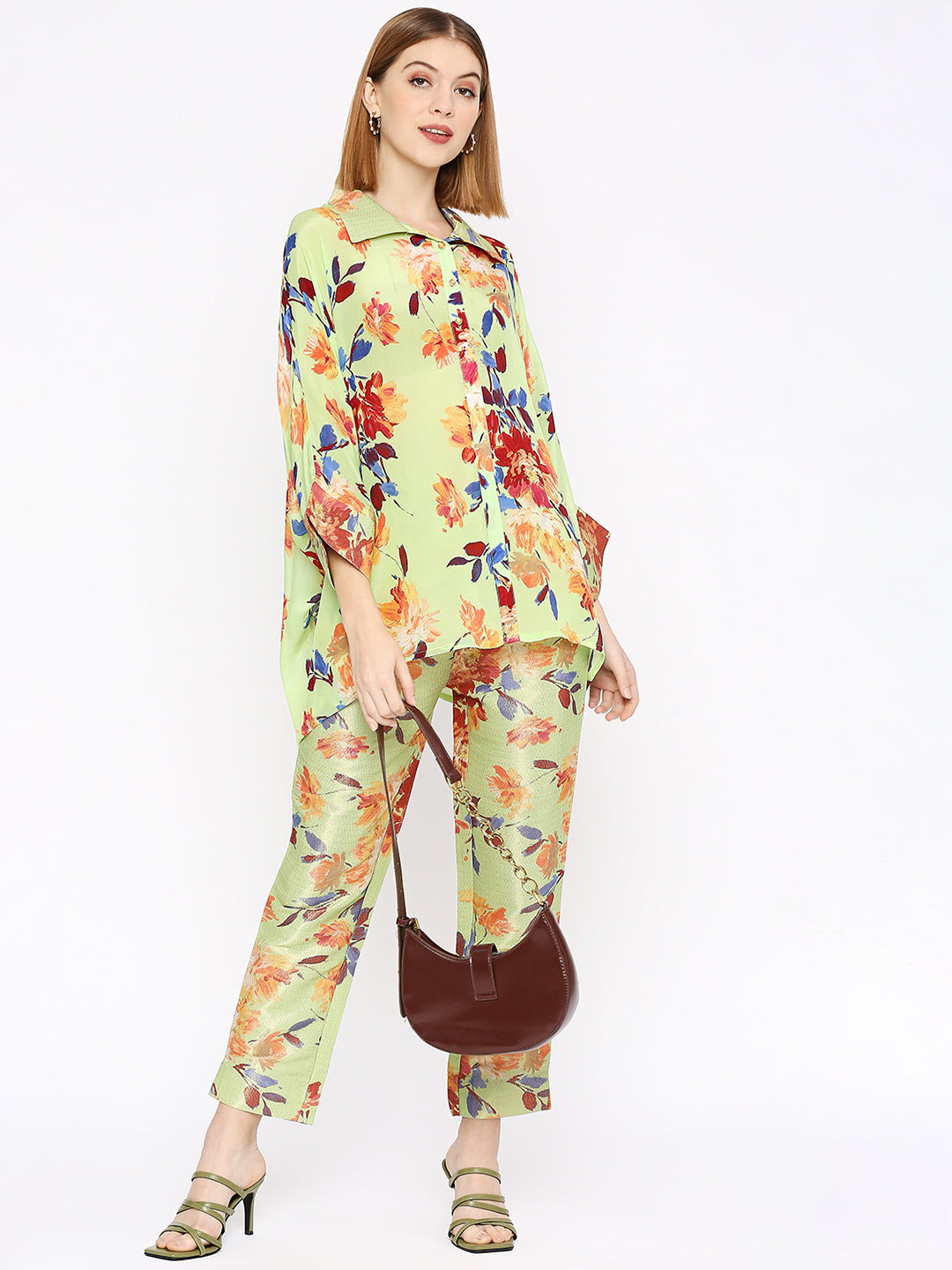 Green Floral Printed Co-Ord Set with Brocade Pant