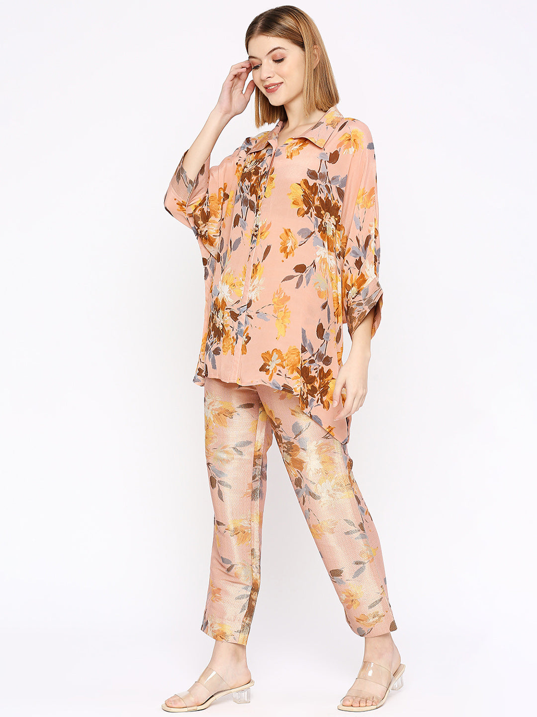 Peach Floral Printed Co-Ord Set With Brocade Pant