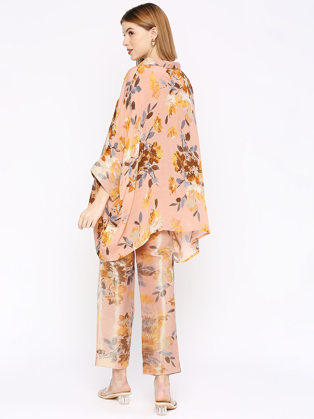 Peach Floral Printed Co-Ord Set With Brocade Pant