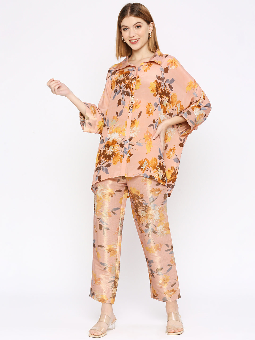 Peach Co-Ord Set With Brocade Pant
