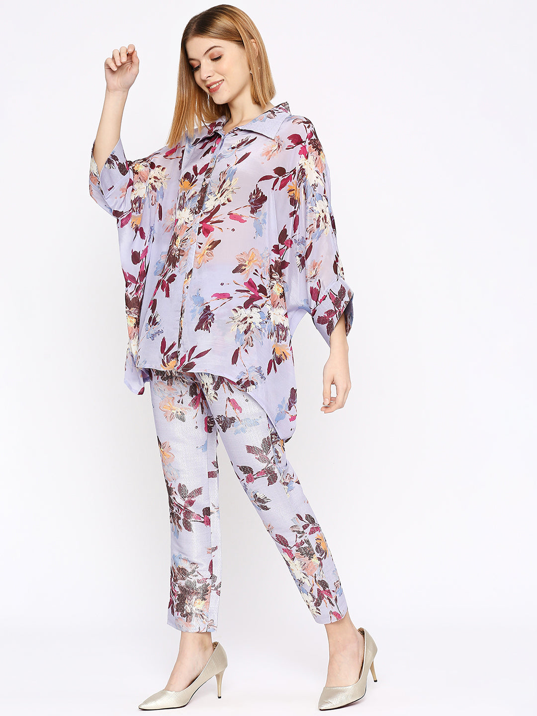 Lilac Floral Printed Silver Co-Ord Set with Brocade Pant